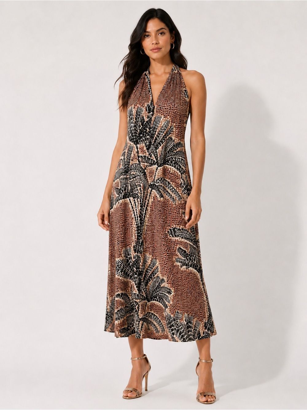 NIC+ZOE Dotty Palms Halter Satin Midi Dress Tropical Print Brown Black L NEW